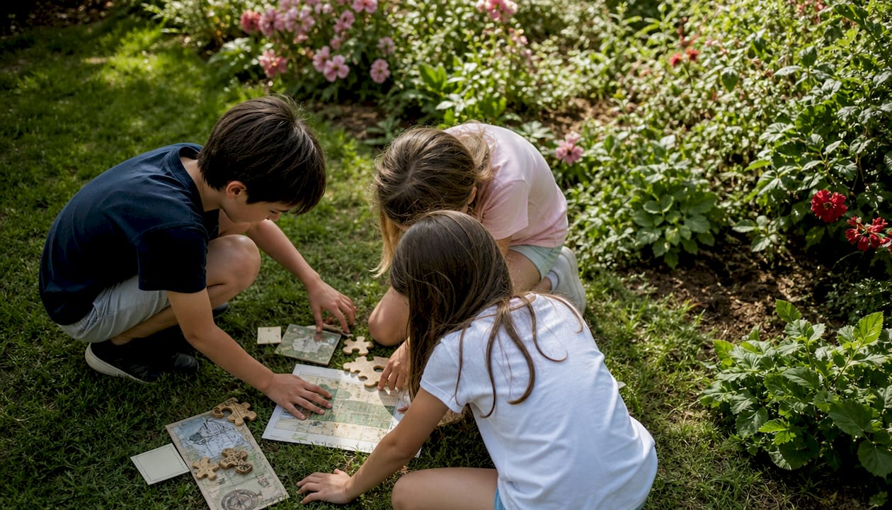 Des enfants à l’œuvre, cherchant des indices et résolvant des énigmes lors d’une chasse au trésor en plein air.