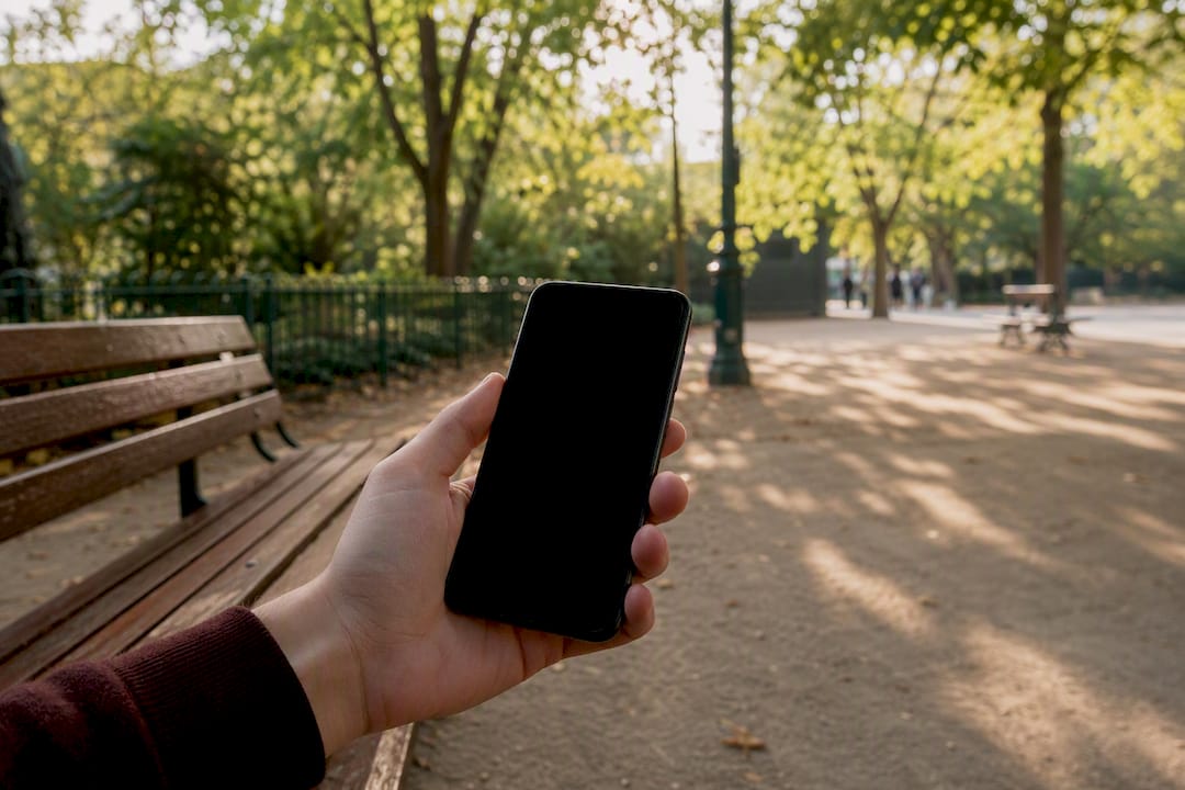 Main tenant un smartphone dans une ruelle étroite de Paris