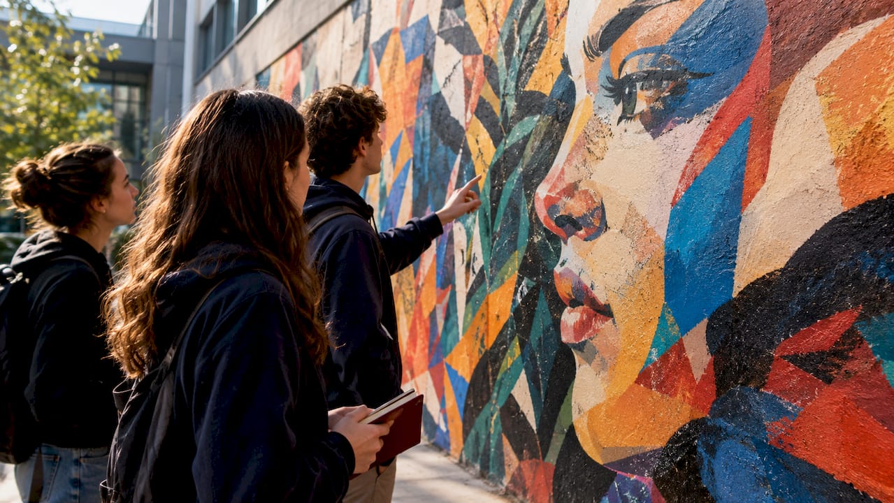 Des élèves en train d'étudier une fresque de street art