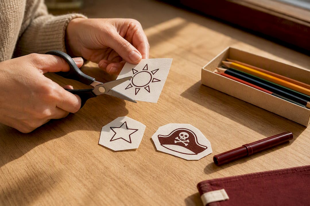 Une main découpant des pictogrammes pour enfants
