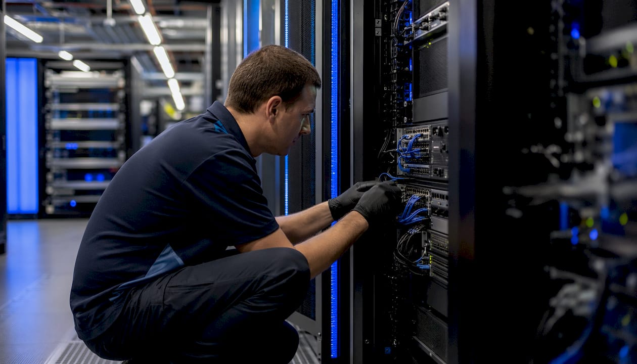 Hands managing MLOps stack cables in data center