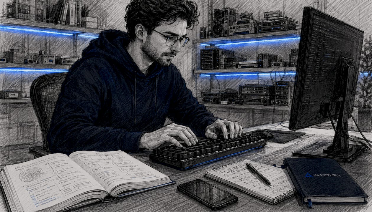 Engineer’s hands typing forensic AI data