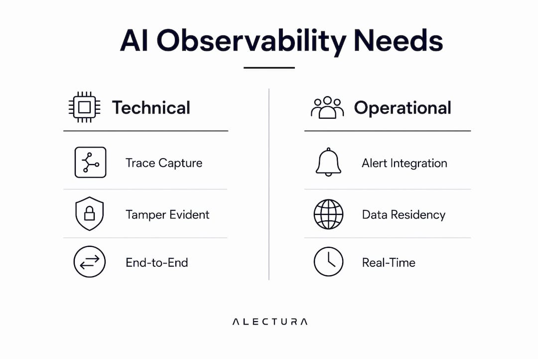 Infographic detailing AI observability tool requirements for security teams