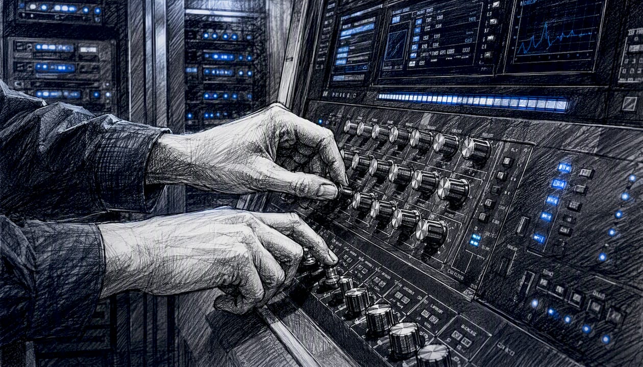Hands adjusting controls on server device panel