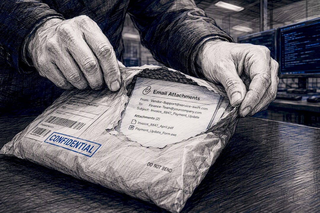 Hands opening email attachment envelope close-up