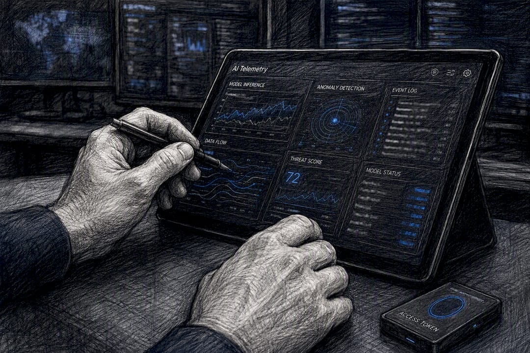Hands analyzing AI telemetry data on dashboard printout