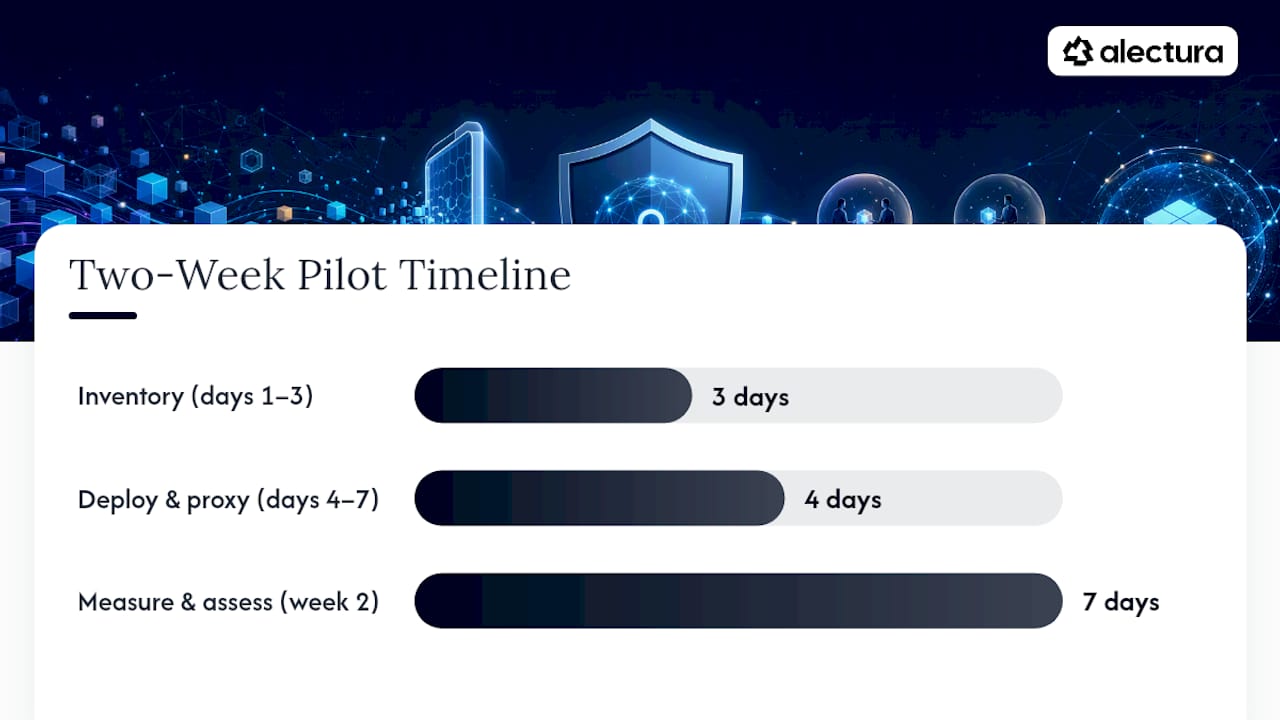 A compact two-week pilot: inventory, honeytokens, and a proxy — overview diagram