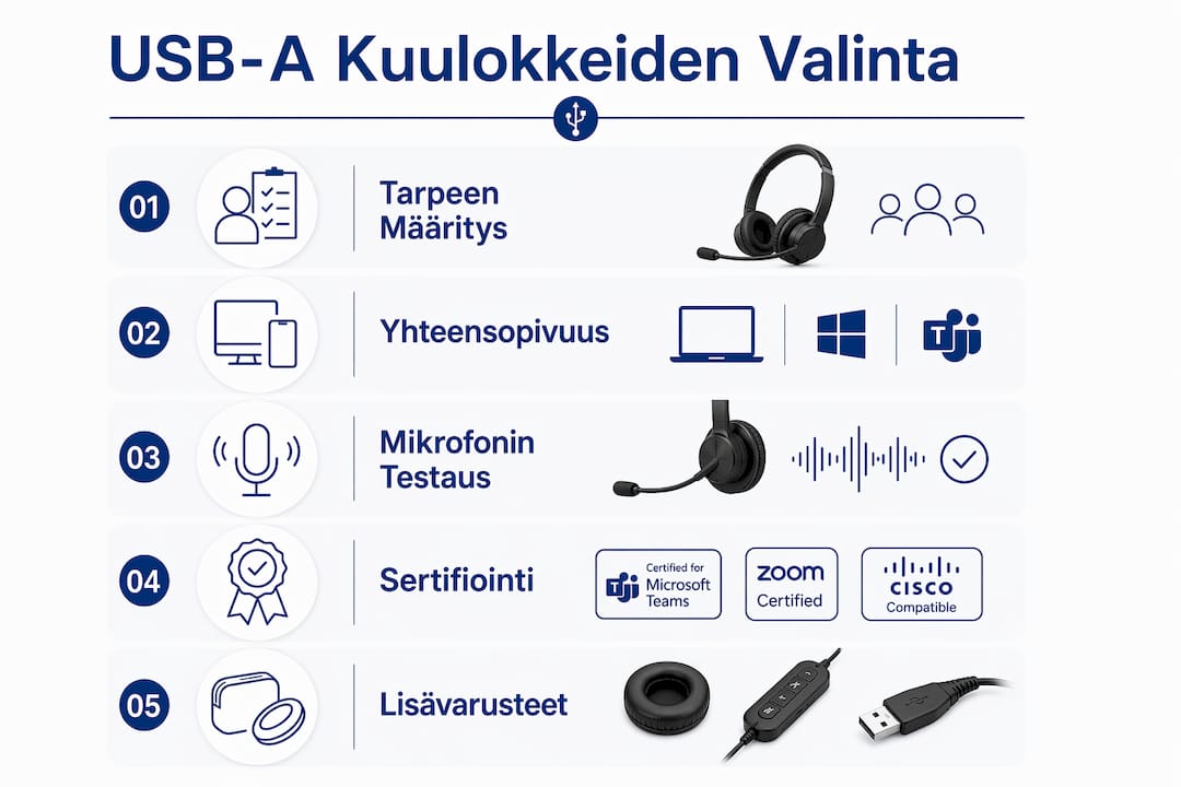 Yrityksen USB-A-kuulokkeiden valinnan vaiheet – infografiikka