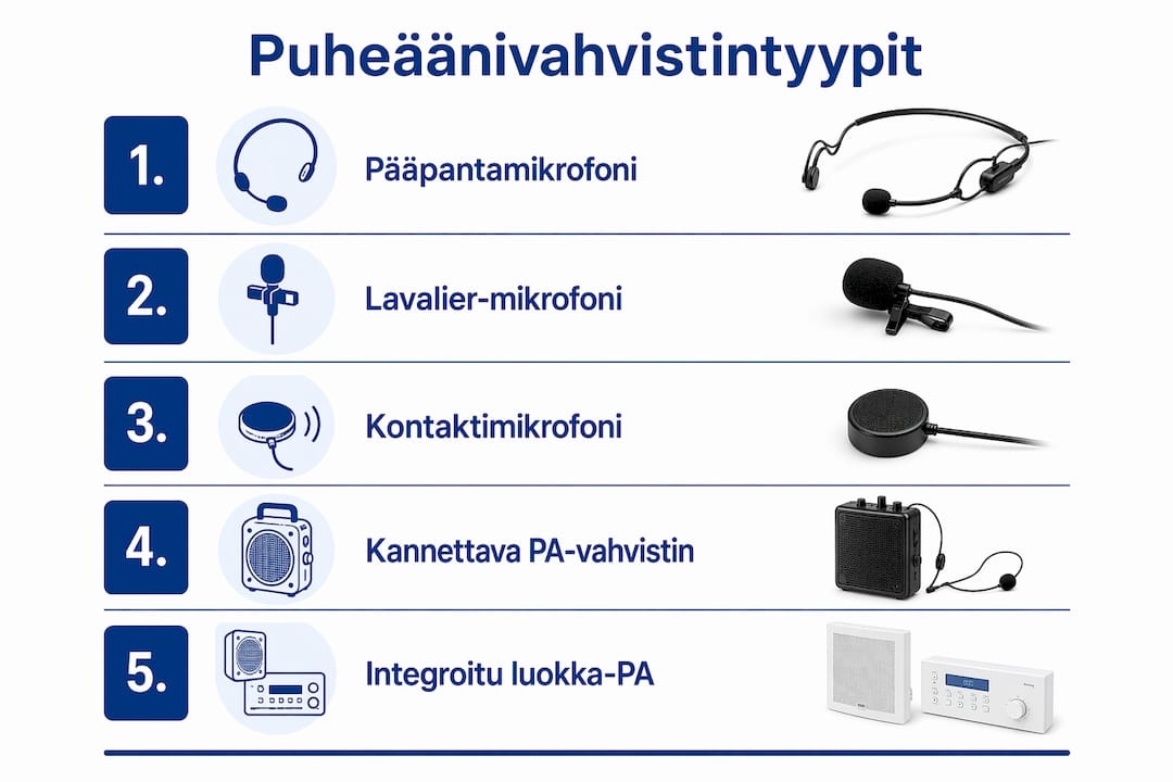 Kuvallinen katsaus erilaisiin puheäänivahvistimiin ja niiden käyttökohteisiin