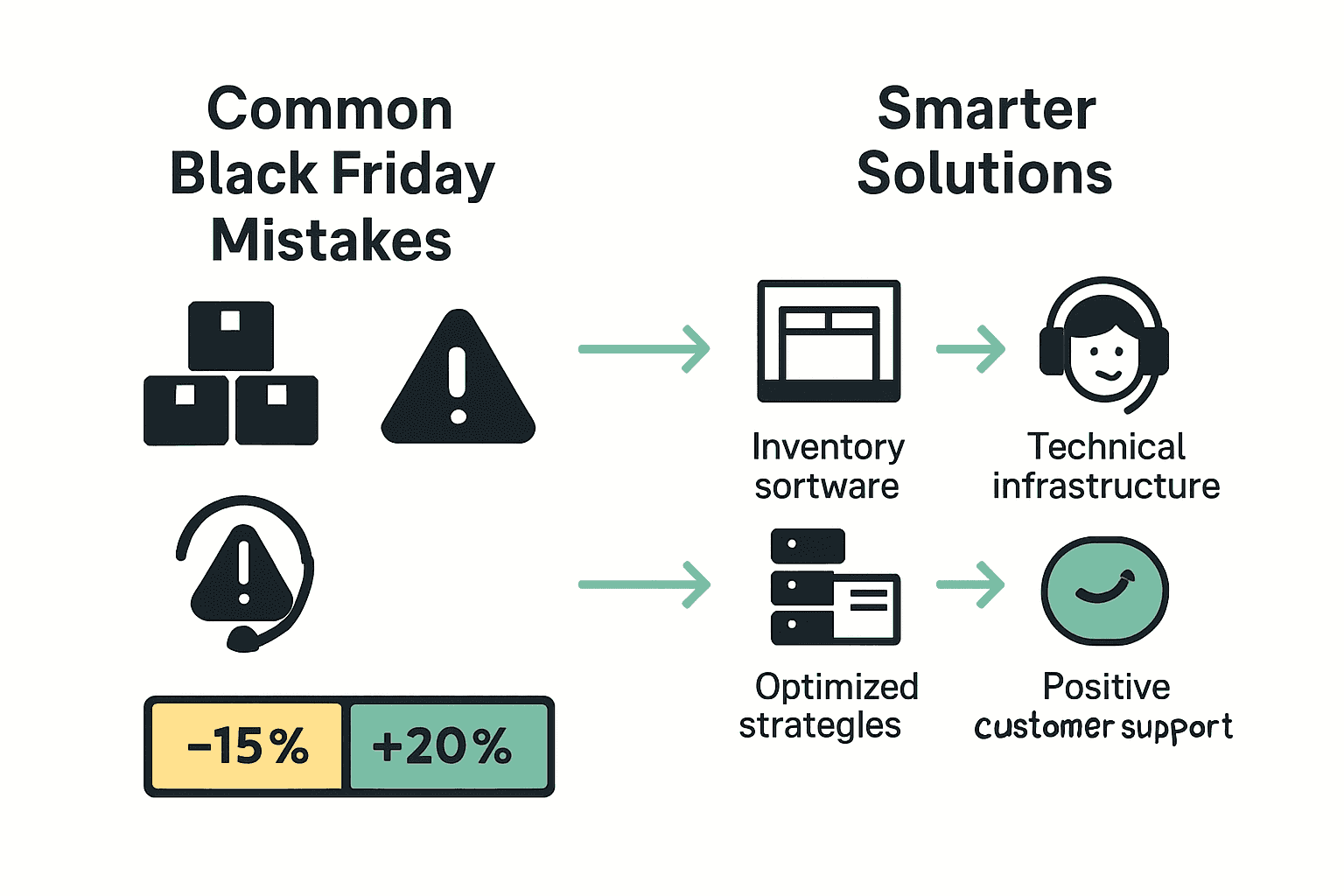 Infographic comparing common Black Friday e-commerce mistakes to smart solutions.