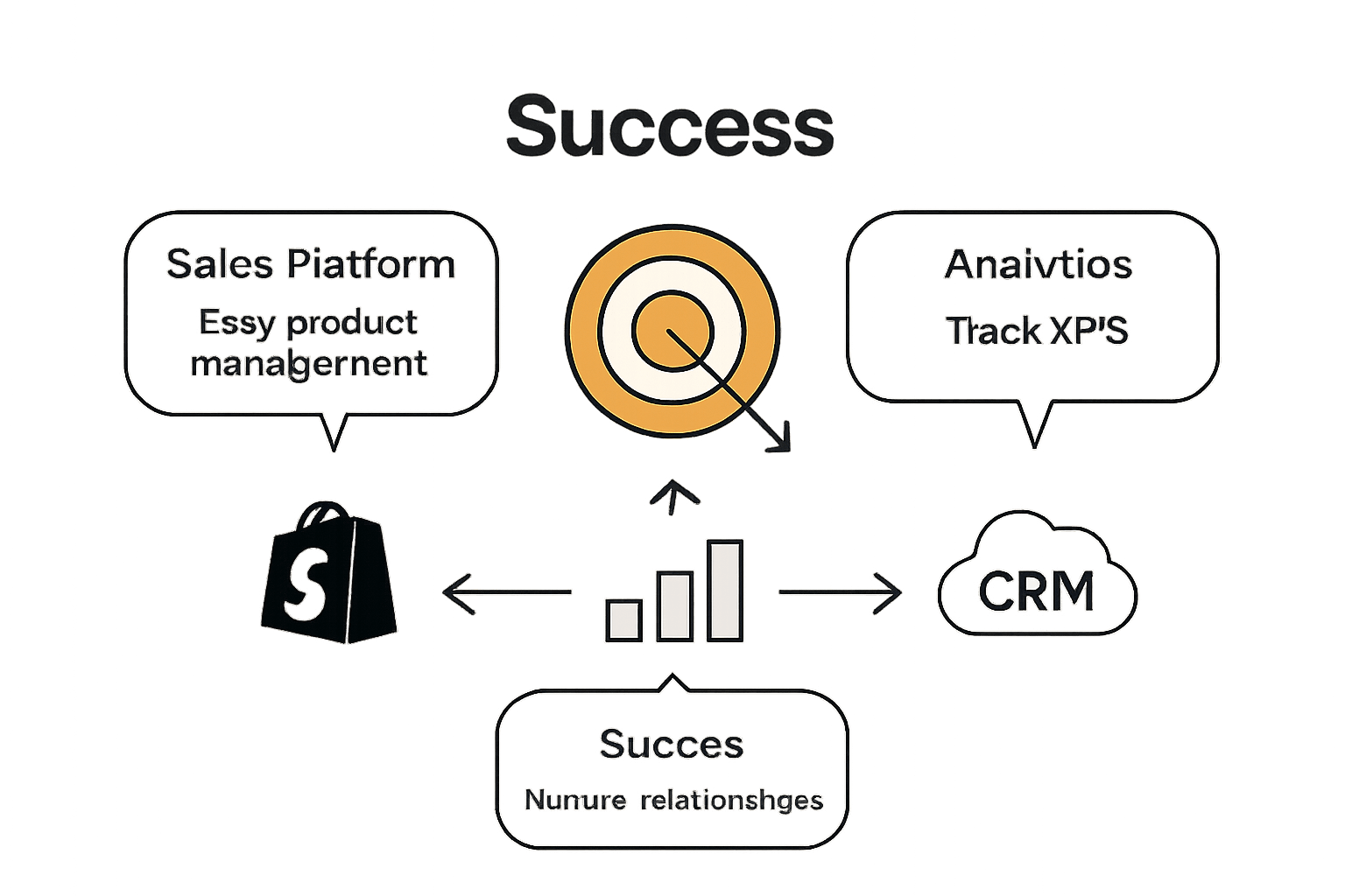 Infographic comparing ecommerce manager tool categories with icons and arrows.