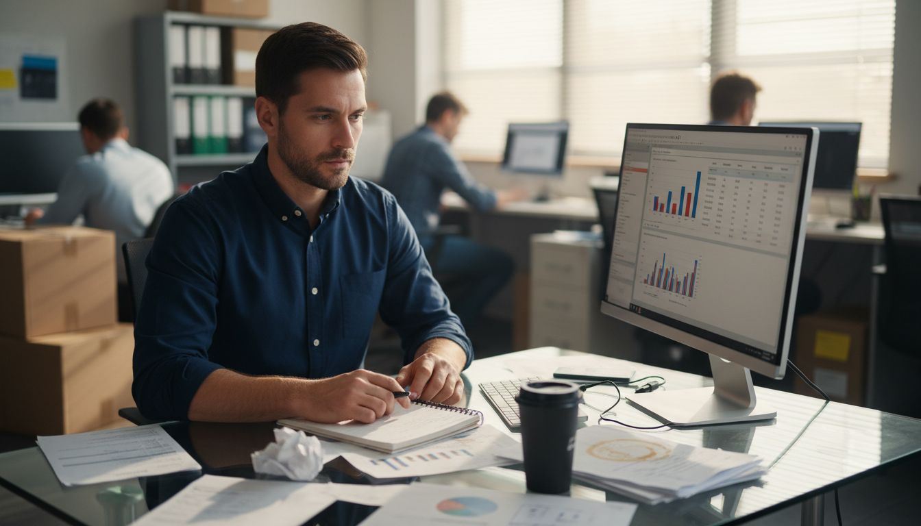 E-commerce manager reviews sales data at desk