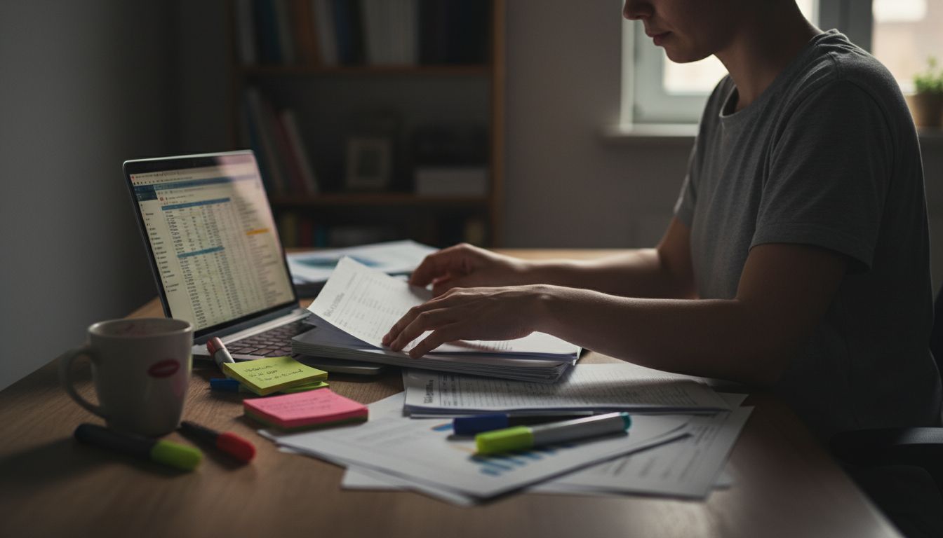 Person cleaning and sorting sales data at desk