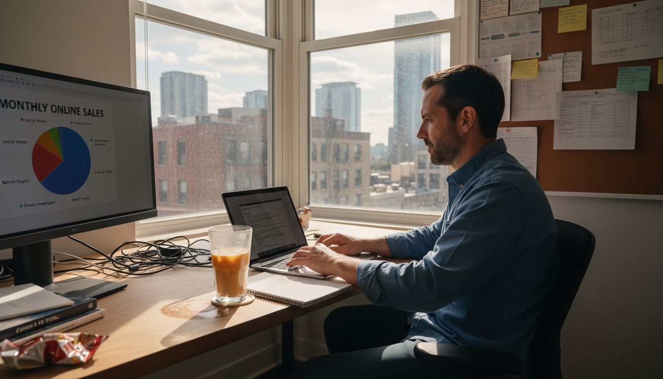 Ecommerce manager at cluttered corner office desk