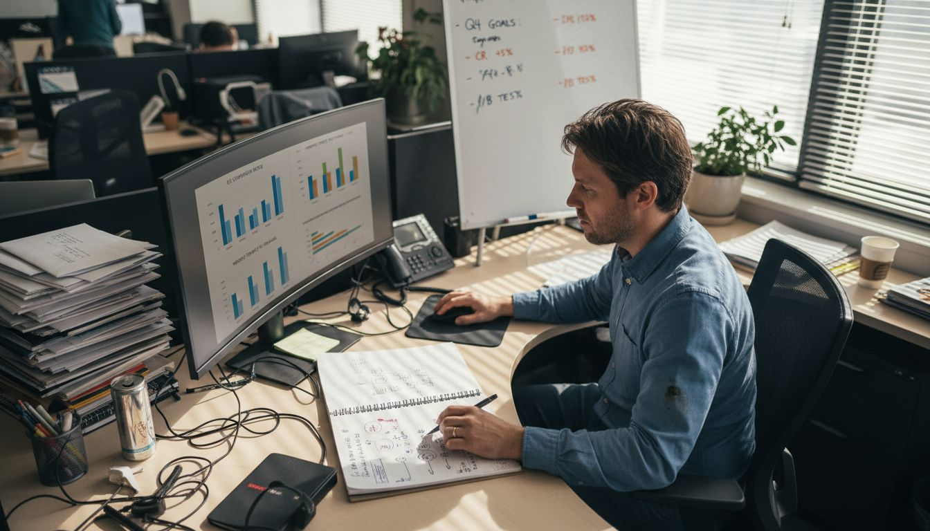 E-commerce manager reviews analytics charts at desk