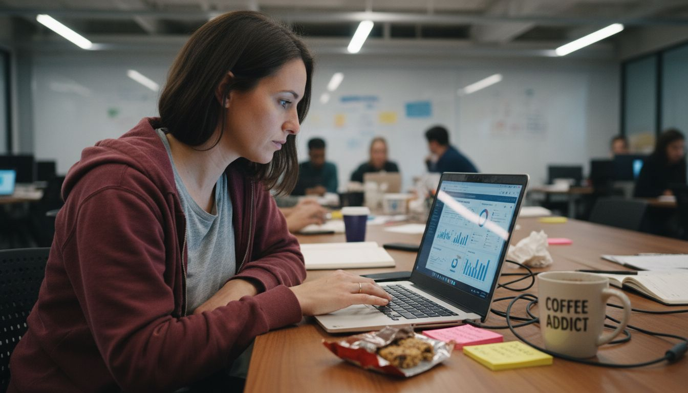 Marketer scans data dashboard at laptop