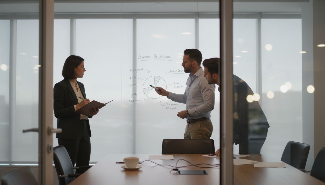 Team discussing sales data at whiteboard
