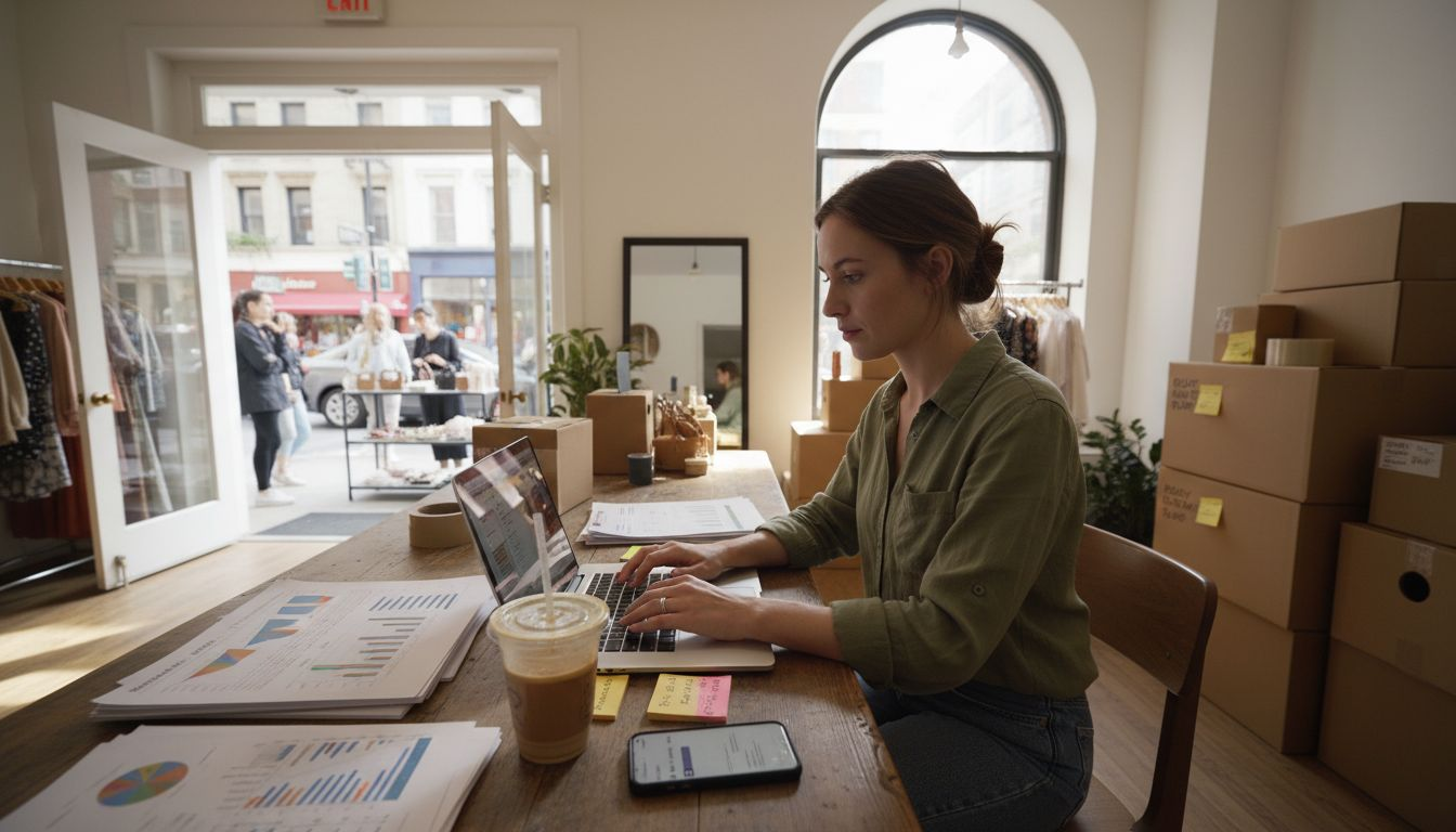 Shopify owner working with sales data in office