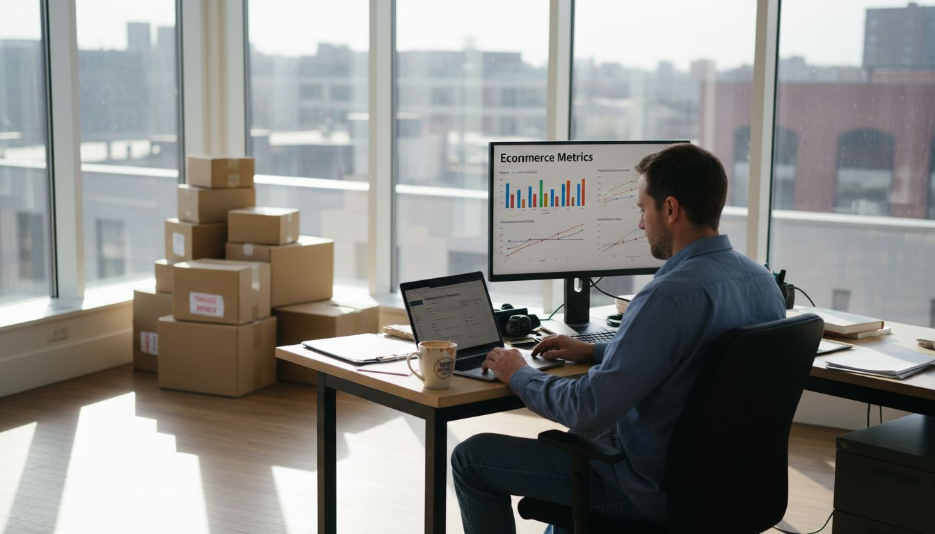 Store owner viewing ecommerce metrics dashboard