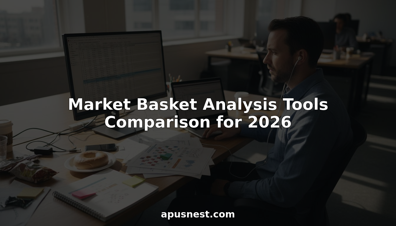 Analyst working on market basket analysis at cluttered office desk