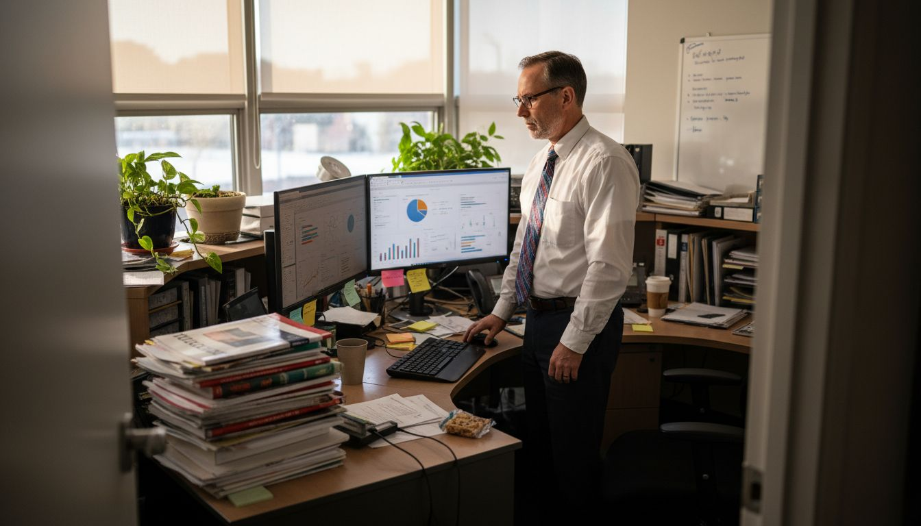 Retail manager analyzing AI-powered analytics in corner office