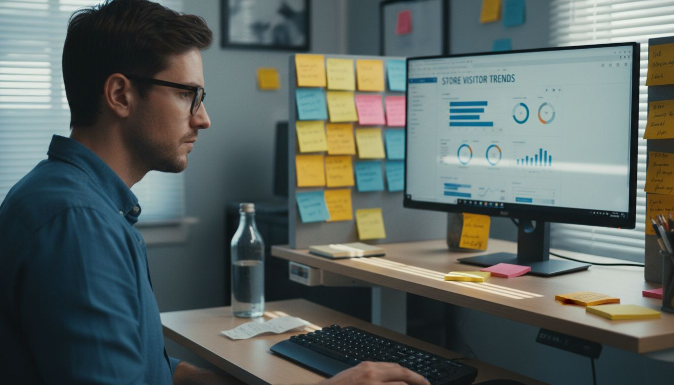 Ecommerce analyst reviewing dashboard at desk