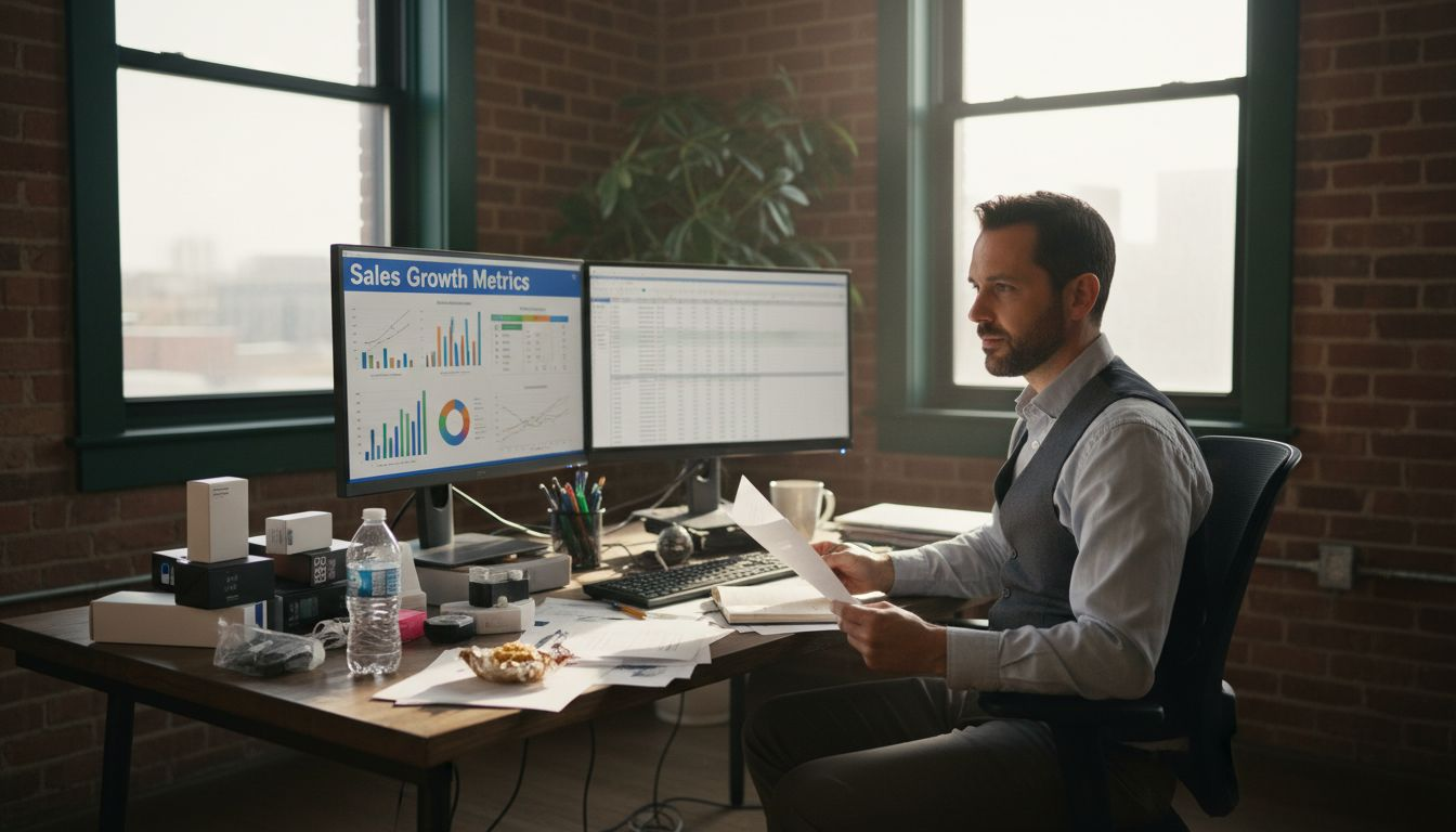 Ecommerce manager analyzing sales metrics at desk