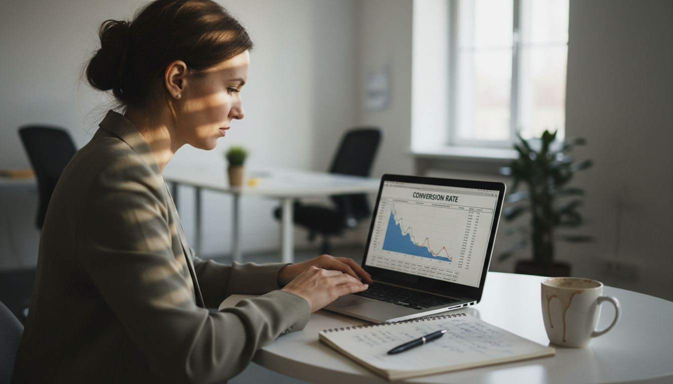 Analyst seated reviewing conversion rate chart