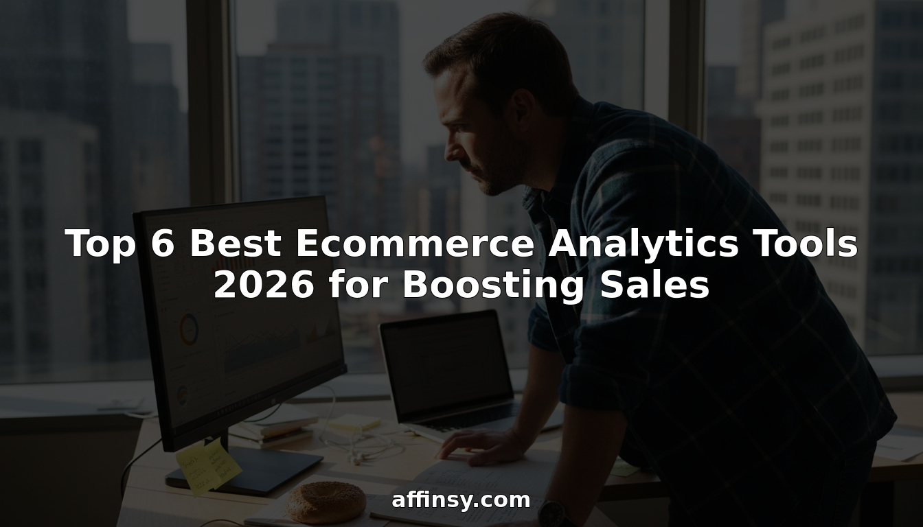 Ecommerce manager scrolling analytics dashboards at cluttered office desk