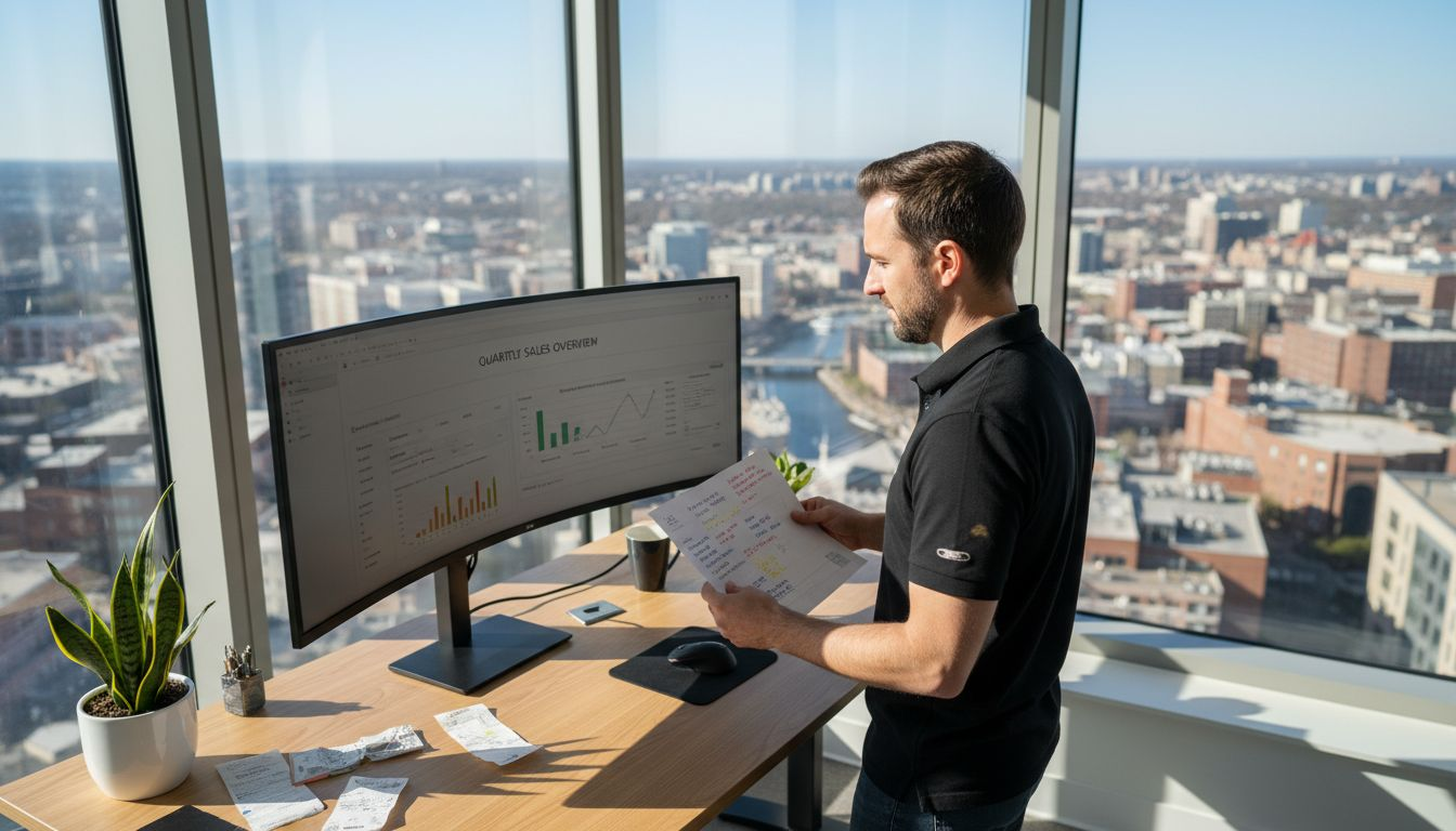 Ecommerce manager viewing sales dashboard and printout