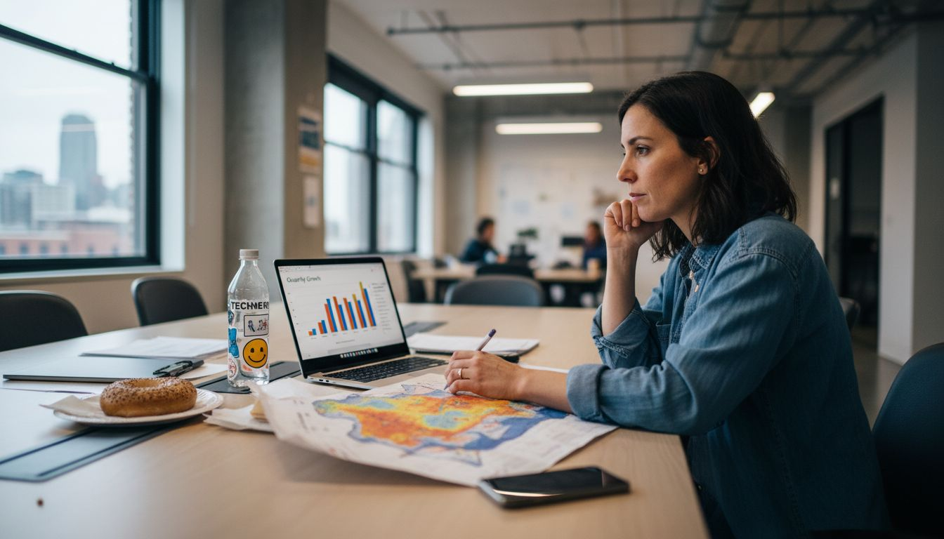 Employee comparing bar chart and heat map sales data