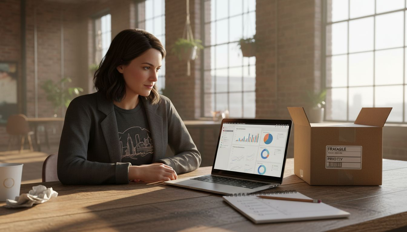 Ecommerce owner checking checklist and sales laptop