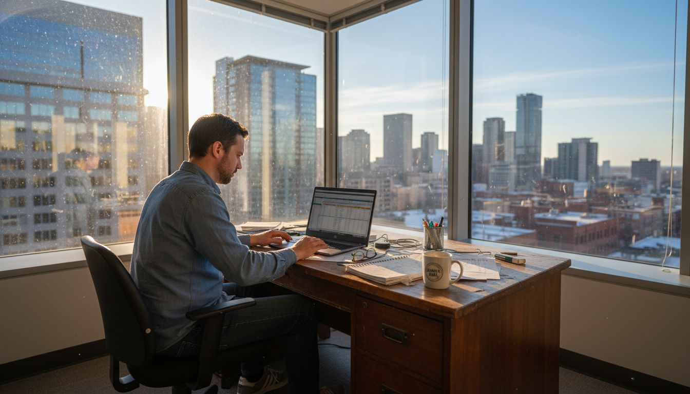 E-commerce analyst at data-filled desk in sunlit office