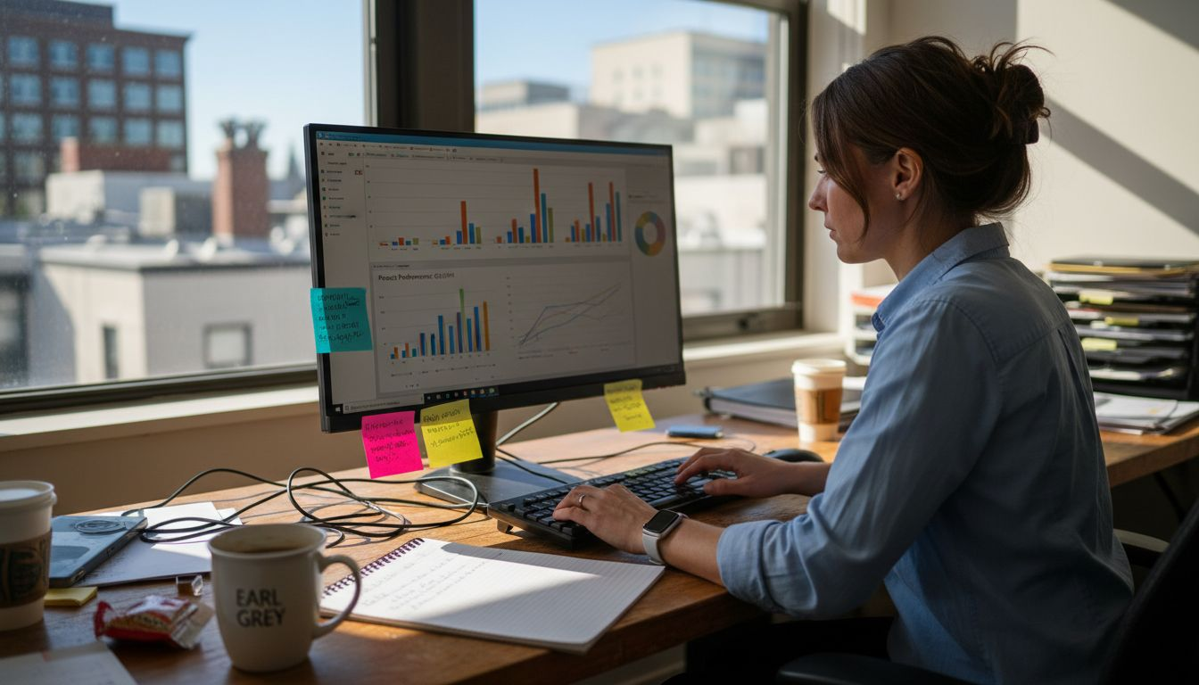 Retail analyst reviews AI product analytics at desk