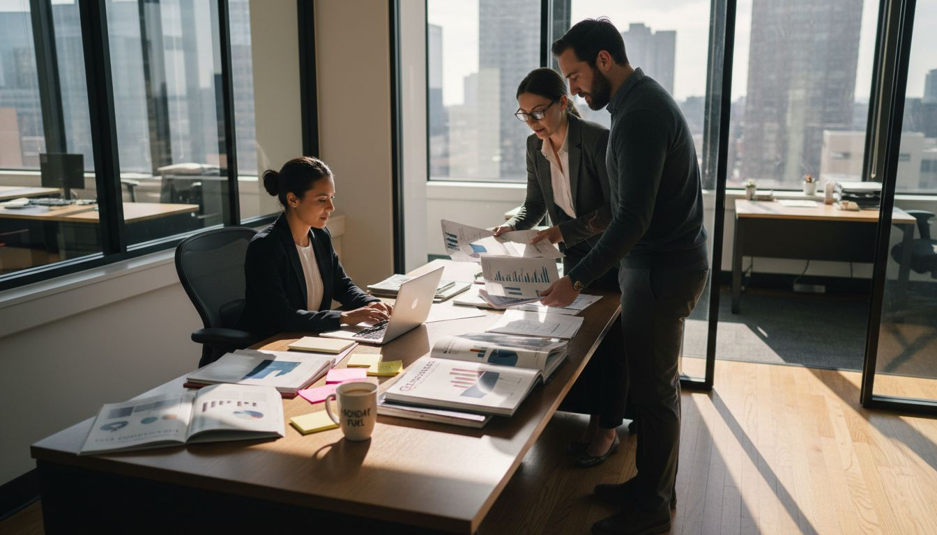 Team discussing upsell strategy in office