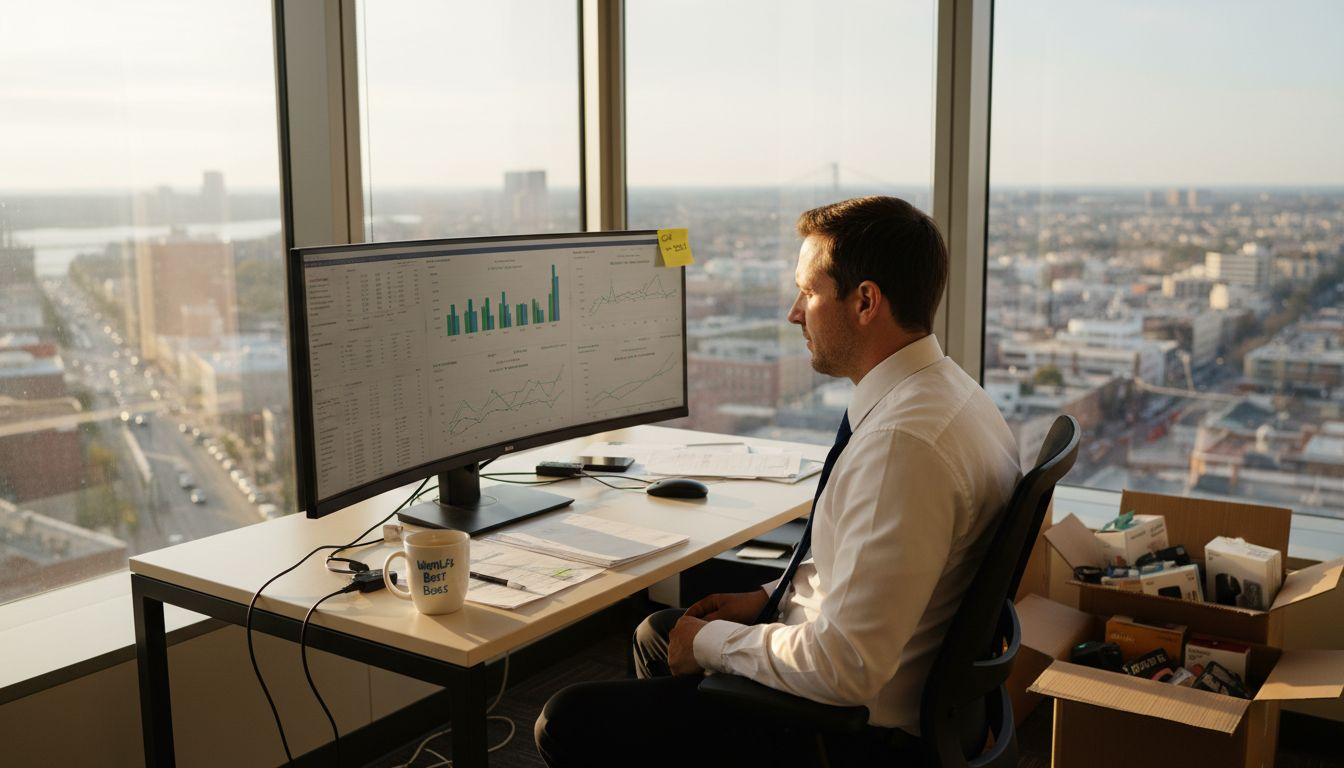 Ecommerce manager reviews sales analytics in sunlit office