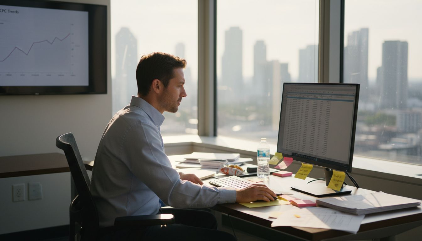 Manager in corner office reviewing CPC data