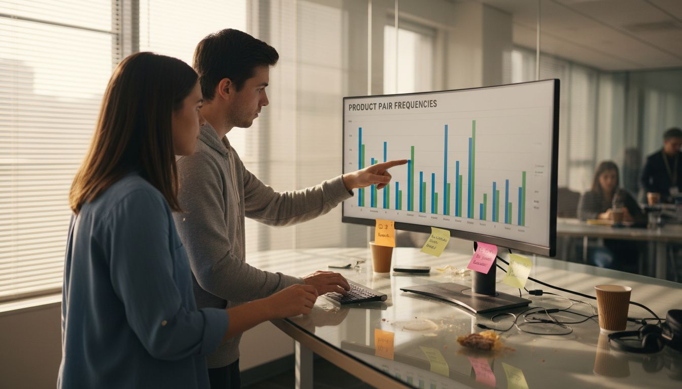 Data analysts reviewing product associations chart