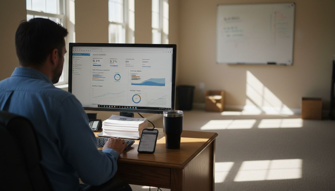 Manager viewing analytics dashboard in office