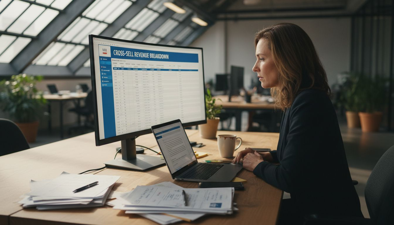 Analyst reviewing cross-sell revenue dashboard