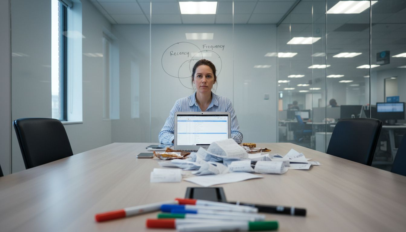 Analyst sorting receipts with RFM segmentation whiteboard