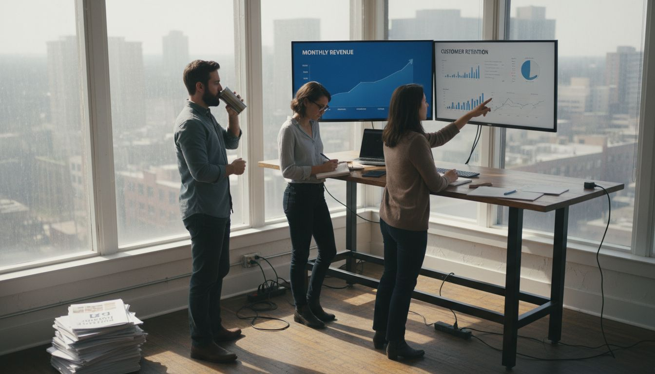 Managers reviewing ecommerce analytics dashboard in office