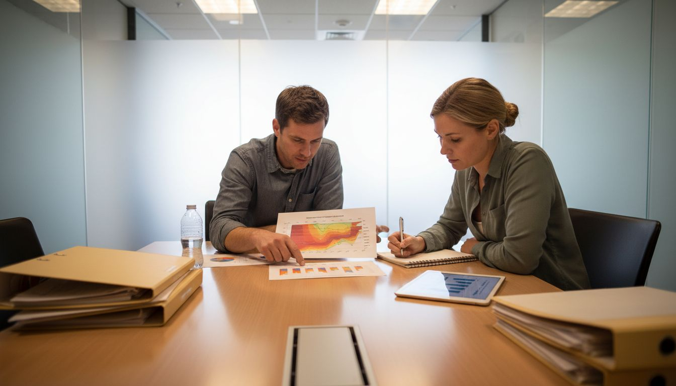 Team discussing printed market basket analysis charts