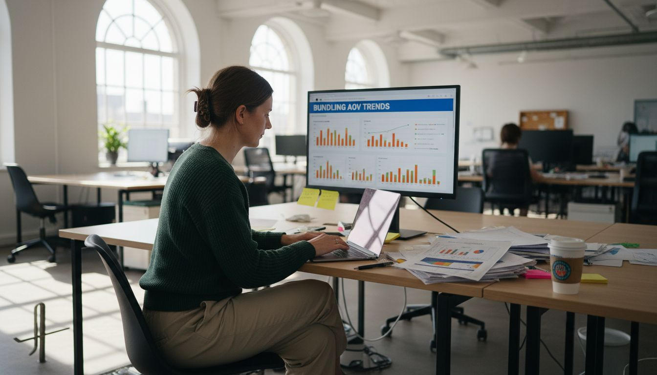 Analytics manager reviews bundling dashboard at desk