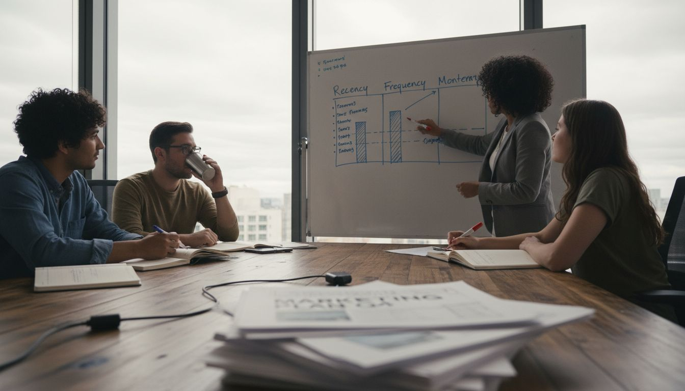 Team discussing RFM customer segmentation at whiteboard