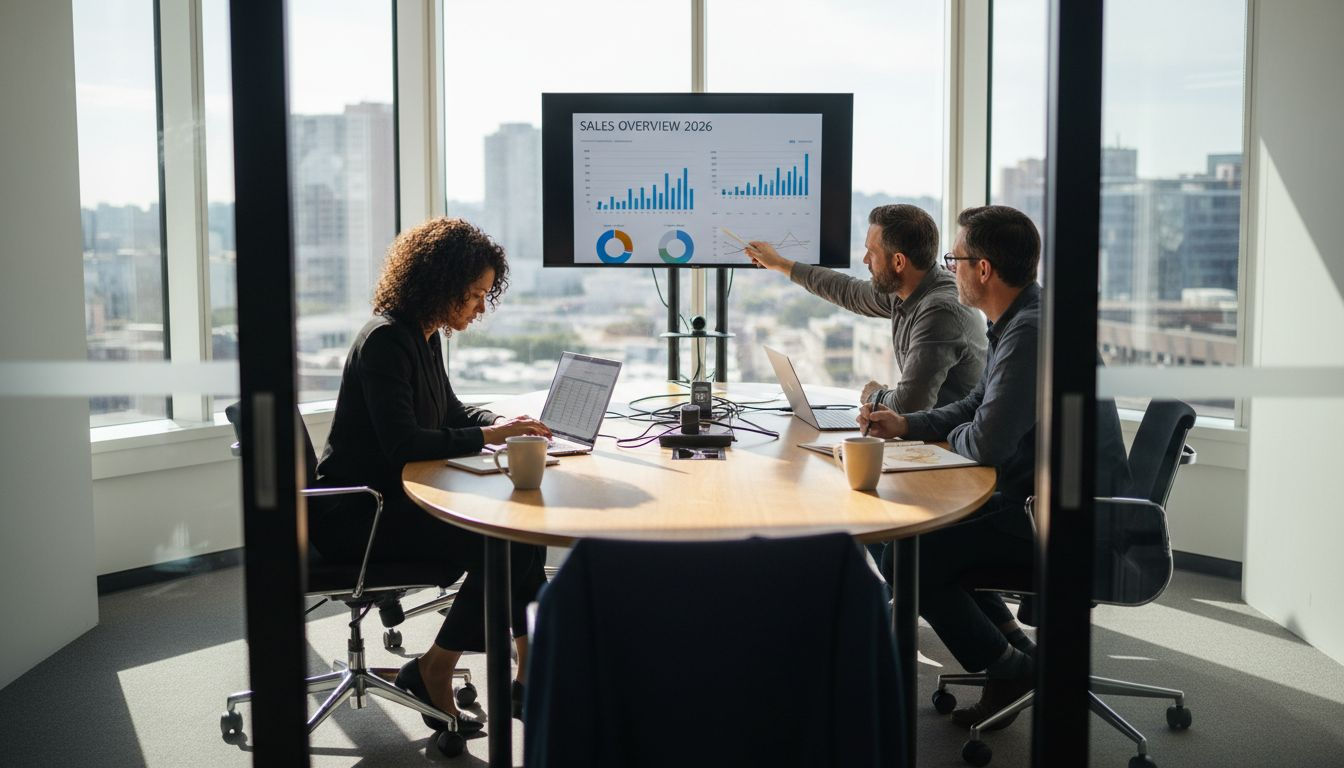 Ecommerce managers reviewing analytics dashboard together