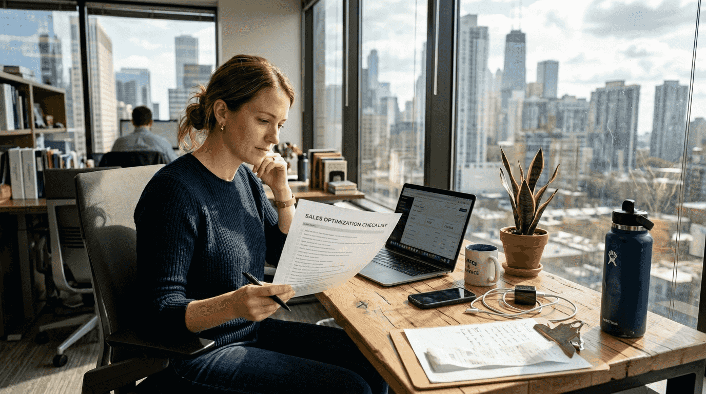 E-commerce manager reviewing printed checklist at standing desk