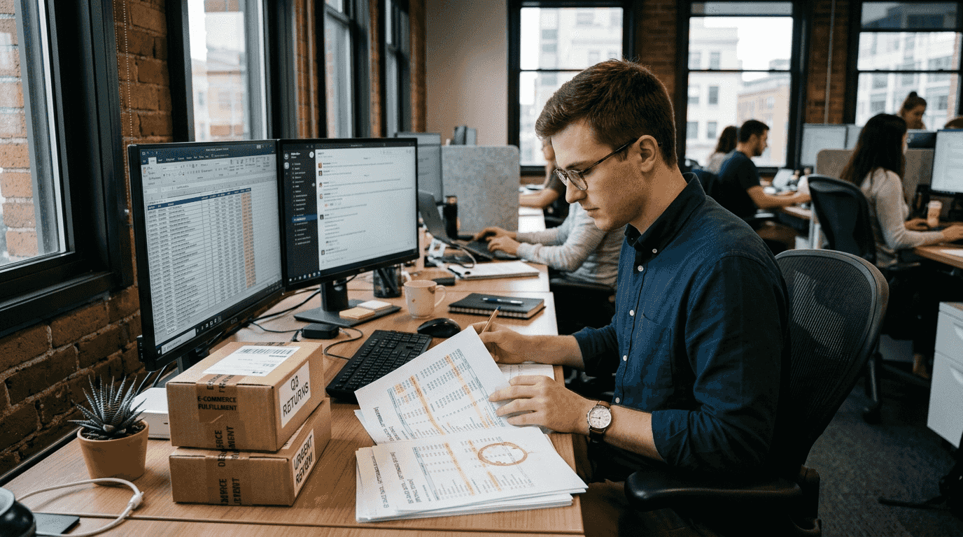 Analyst reviewing sales reports at busy desk