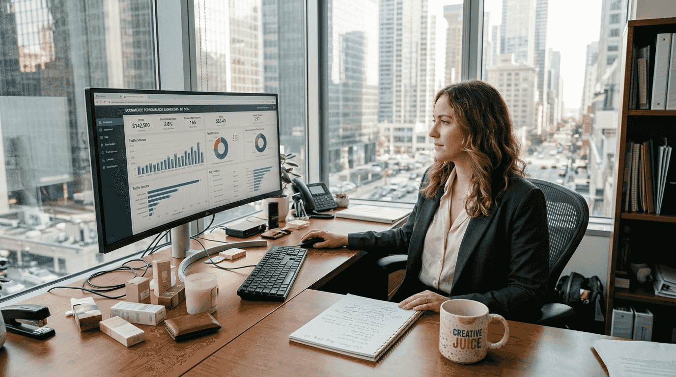 Ecommerce manager reviewing dashboard in city office