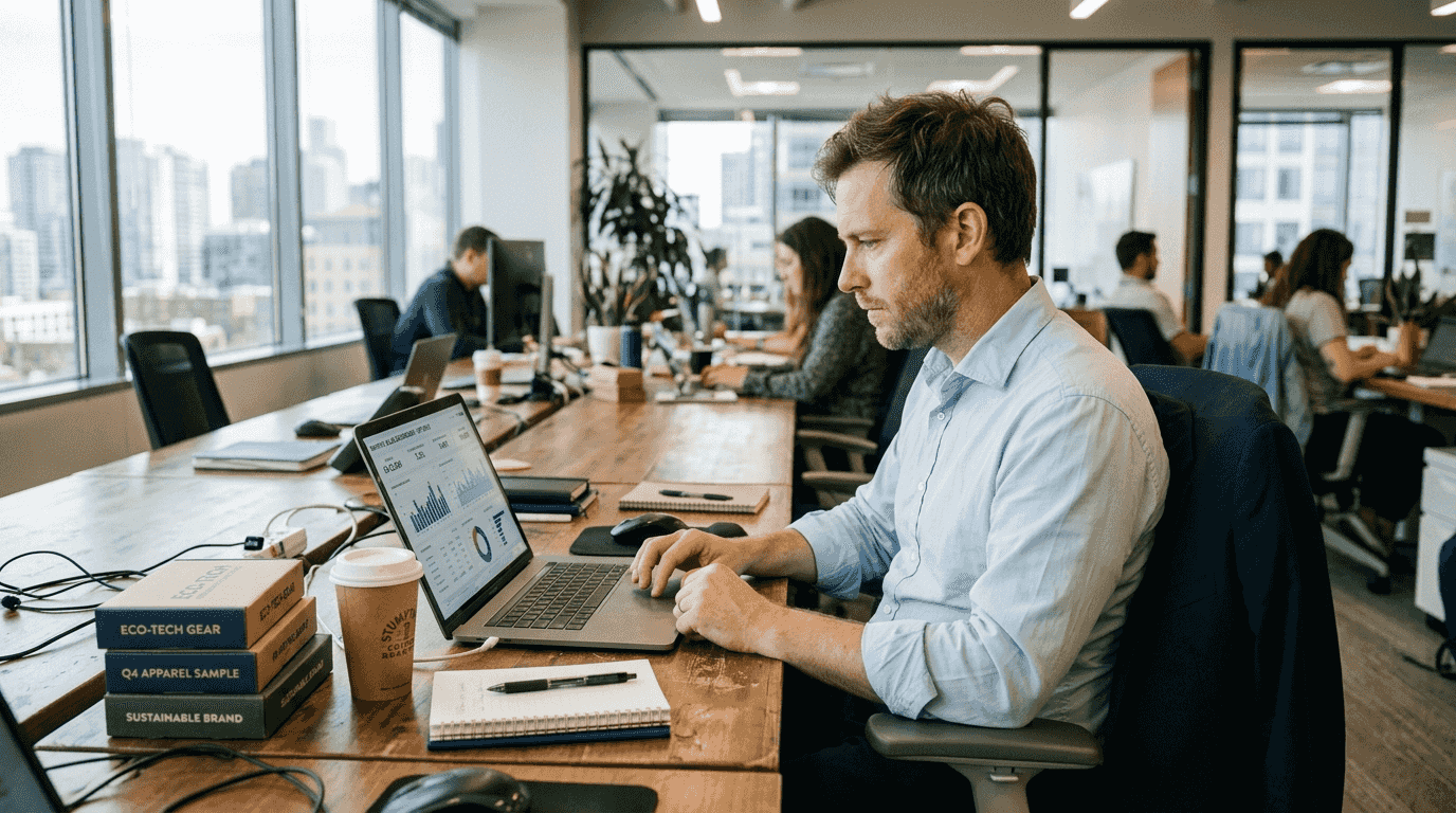 Ecommerce manager checking sales insights on laptop